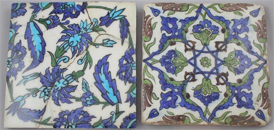 4 Damascan tiles and 2 turquoise glazed pottery tiles, average 20cm x 20cm